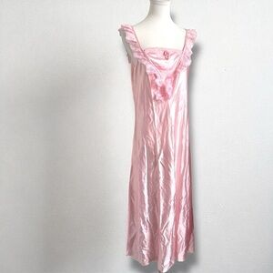Vintage Pink Satin Lace Nightgown – 70s 80s Slip Dress Coquette Fairycore M/L